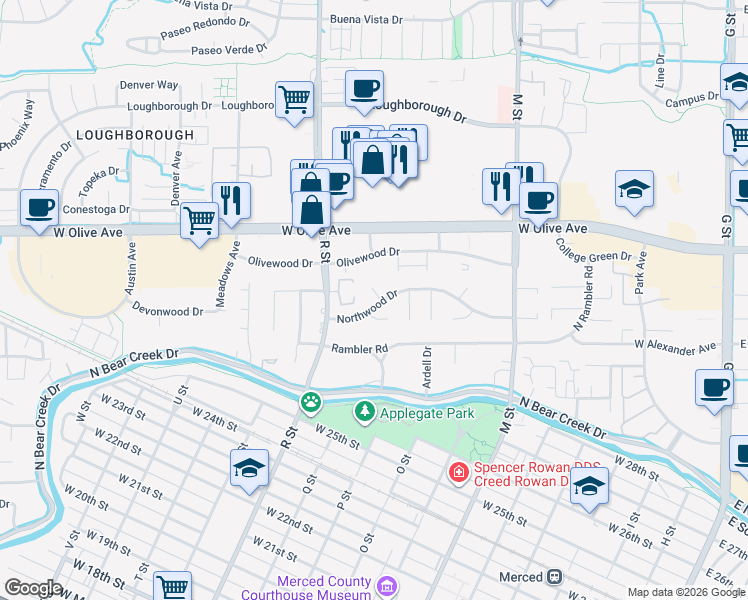 map of restaurants, bars, coffee shops, grocery stores, and more near 965 Northwood Drive in Merced