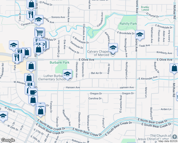 map of restaurants, bars, coffee shops, grocery stores, and more near 971 Bel Air Drive in Merced