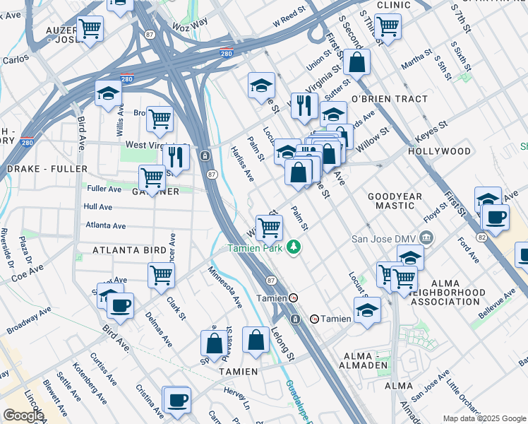 map of restaurants, bars, coffee shops, grocery stores, and more near 357 Willow Street in San Jose
