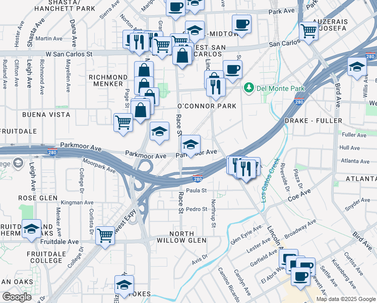map of restaurants, bars, coffee shops, grocery stores, and more near in San Jose