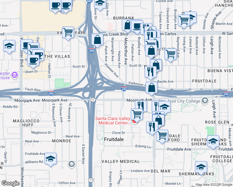 map of restaurants, bars, coffee shops, grocery stores, and more near 585 Mac Arthur Avenue in San Jose