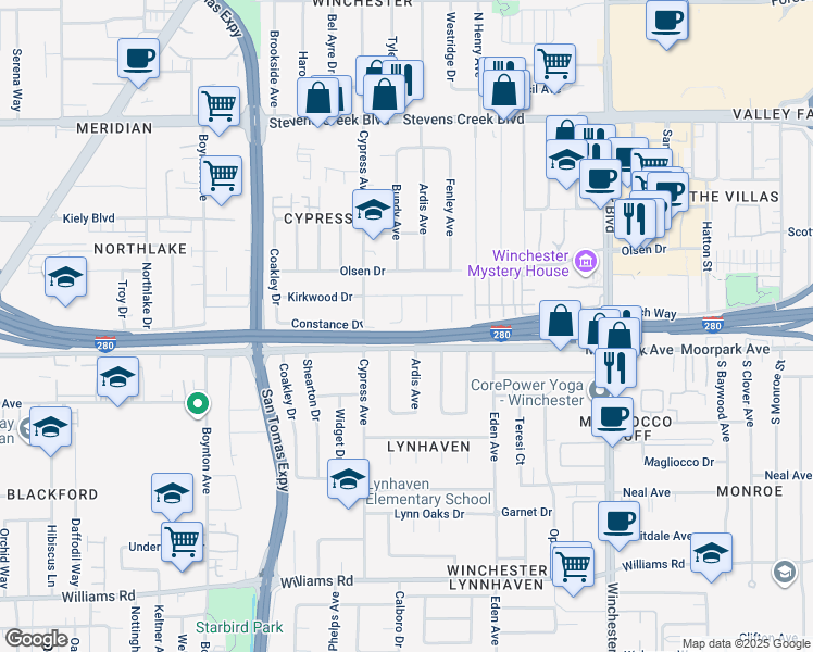 map of restaurants, bars, coffee shops, grocery stores, and more near 557 Inez Way in San Jose