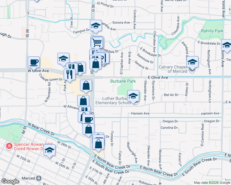 map of restaurants, bars, coffee shops, grocery stores, and more near 3046 El Capitan Avenue in Merced