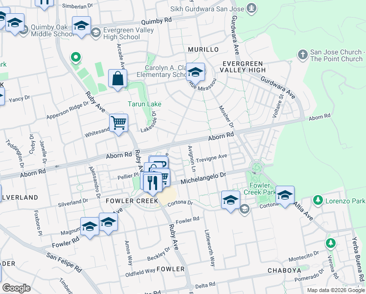 map of restaurants, bars, coffee shops, grocery stores, and more near 3916 Louvre Avenue in San Jose