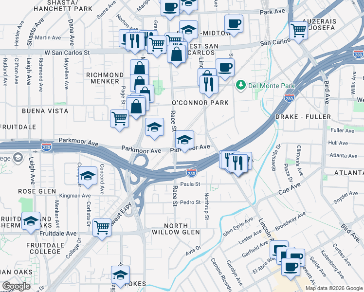 map of restaurants, bars, coffee shops, grocery stores, and more near 1201 Parkmoor Avenue in San Jose