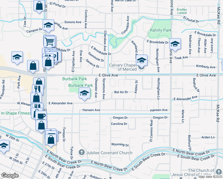 map of restaurants, bars, coffee shops, grocery stores, and more near 971 Bel Air Drive in Merced