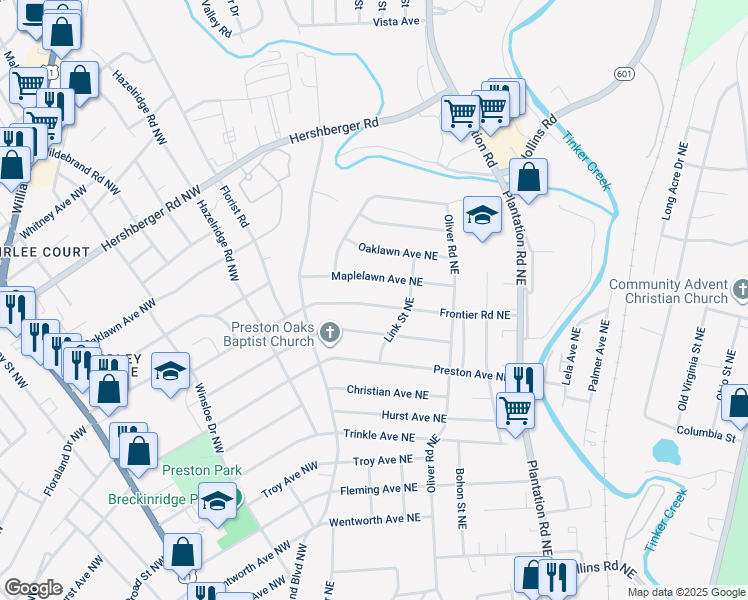 map of restaurants, bars, coffee shops, grocery stores, and more near 154 Frontier Road Northeast in Roanoke