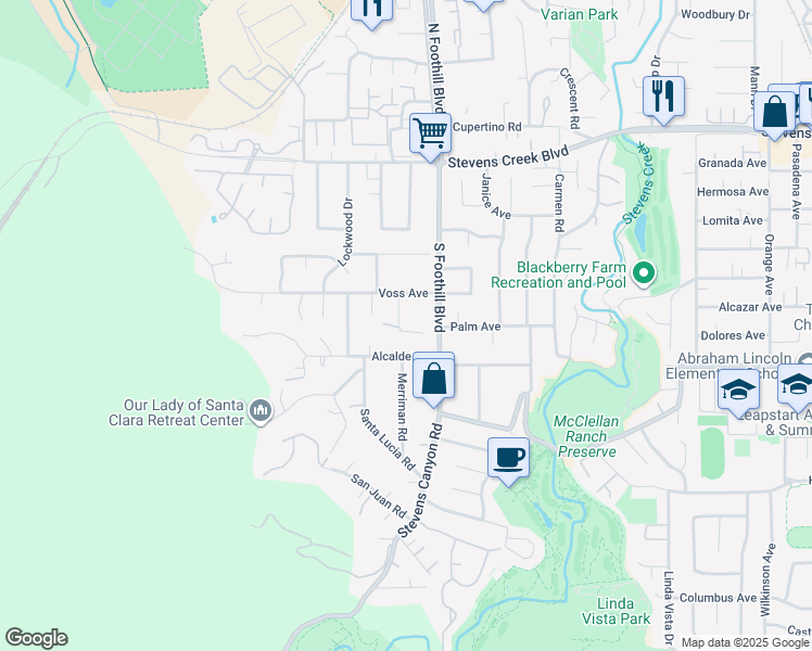 map of restaurants, bars, coffee shops, grocery stores, and more near 10452 Merriman Road in Cupertino