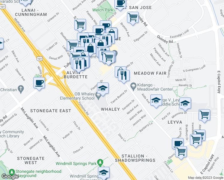map of restaurants, bars, coffee shops, grocery stores, and more near 1634 Bowling Green Drive in San Jose