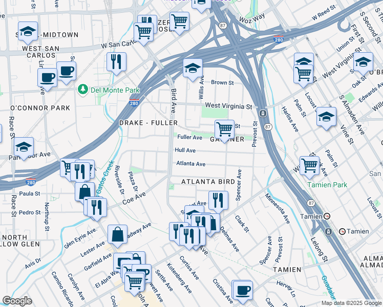 map of restaurants, bars, coffee shops, grocery stores, and more near 526 Hull Avenue in San Jose