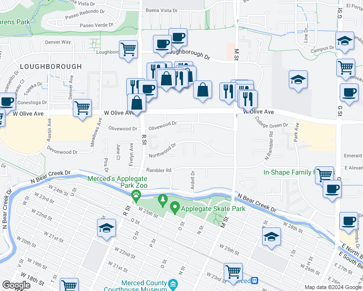 map of restaurants, bars, coffee shops, grocery stores, and more near 916 Northwood Drive in Merced