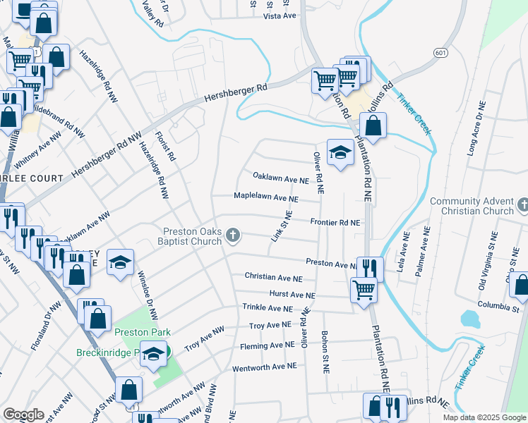 map of restaurants, bars, coffee shops, grocery stores, and more near 154 Frontier Road Northeast in Roanoke