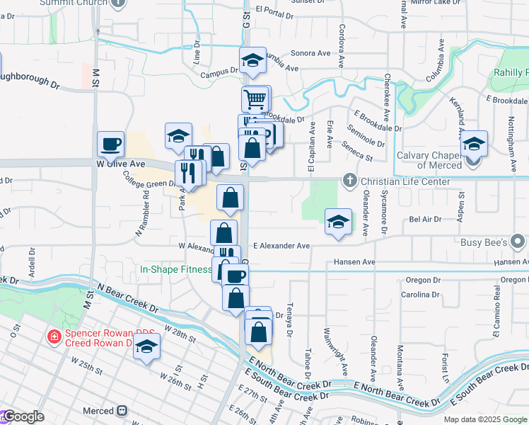 map of restaurants, bars, coffee shops, grocery stores, and more near 3044 G Street in Merced