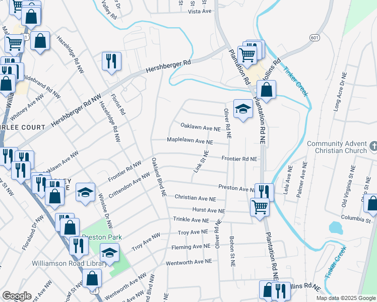 map of restaurants, bars, coffee shops, grocery stores, and more near 154 Frontier Road Northwest in Roanoke