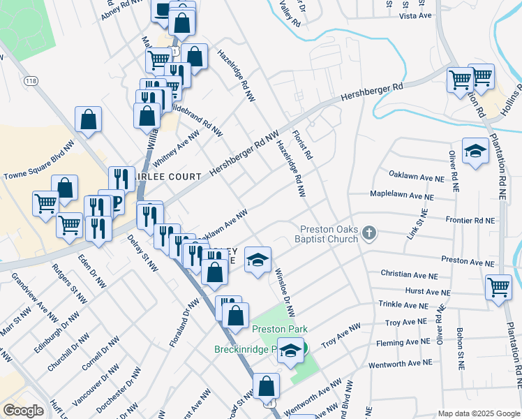 map of restaurants, bars, coffee shops, grocery stores, and more near 3329 Oaklawn Avenue Northwest in Roanoke