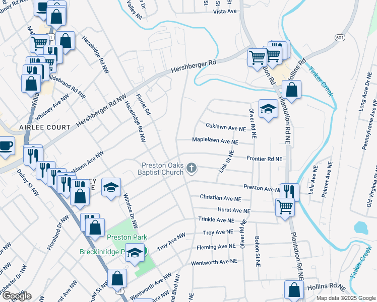 map of restaurants, bars, coffee shops, grocery stores, and more near 116 Frontier Road Northeast in Roanoke