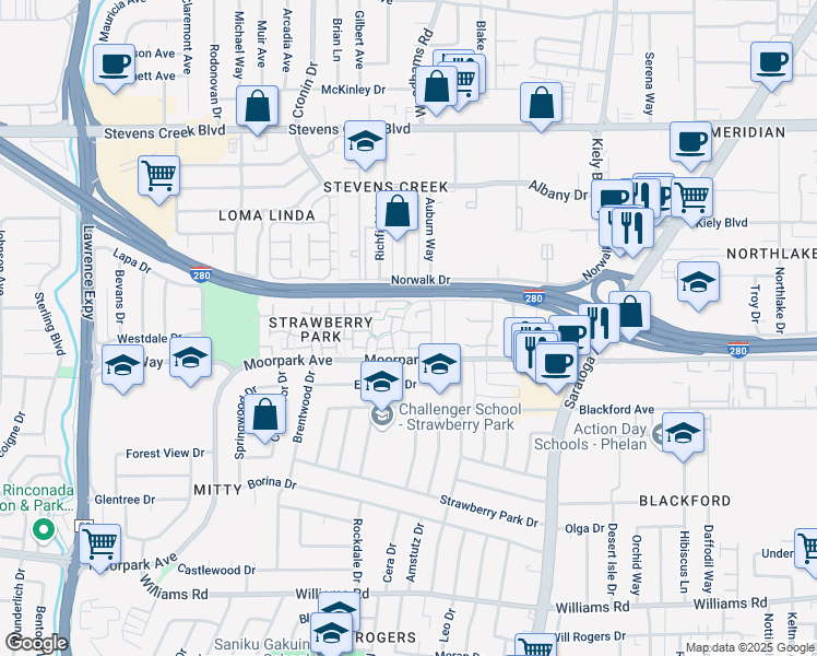 map of restaurants, bars, coffee shops, grocery stores, and more near 549 Winterberry Way in San Jose