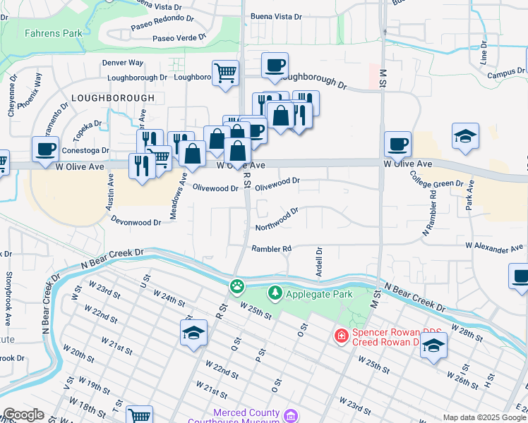 map of restaurants, bars, coffee shops, grocery stores, and more near 2900 R Street in Merced