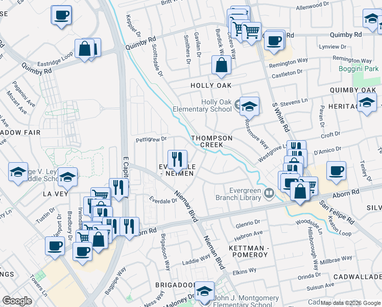 map of restaurants, bars, coffee shops, grocery stores, and more near 2998 Pettigrew Court in San Jose