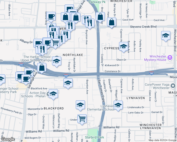 map of restaurants, bars, coffee shops, grocery stores, and more near 3703 Akron Way in San Jose