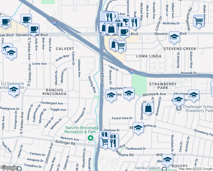 map of restaurants, bars, coffee shops, grocery stores, and more near 546 Doyle Road in San Jose