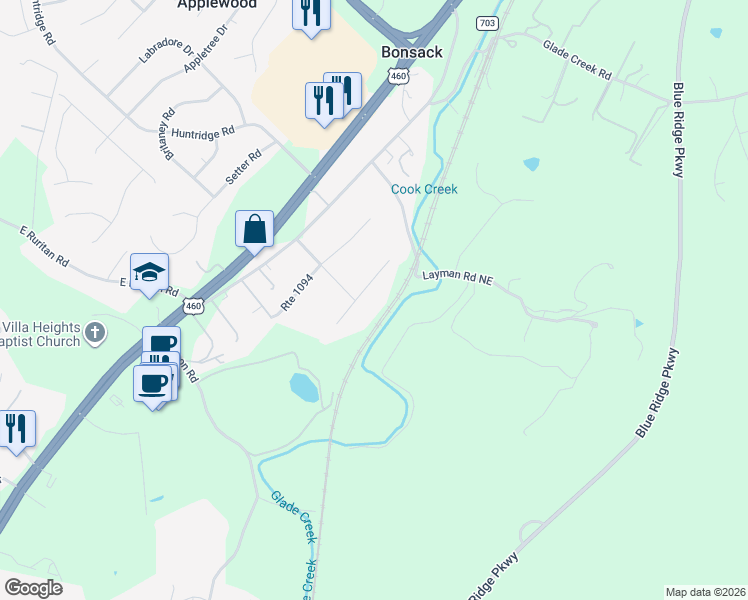 map of restaurants, bars, coffee shops, grocery stores, and more near 4721 Rte 1097 in Roanoke