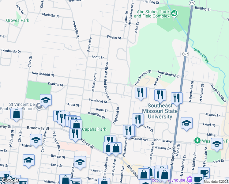 map of restaurants, bars, coffee shops, grocery stores, and more near 1414 Dunklin Street in Cape Girardeau
