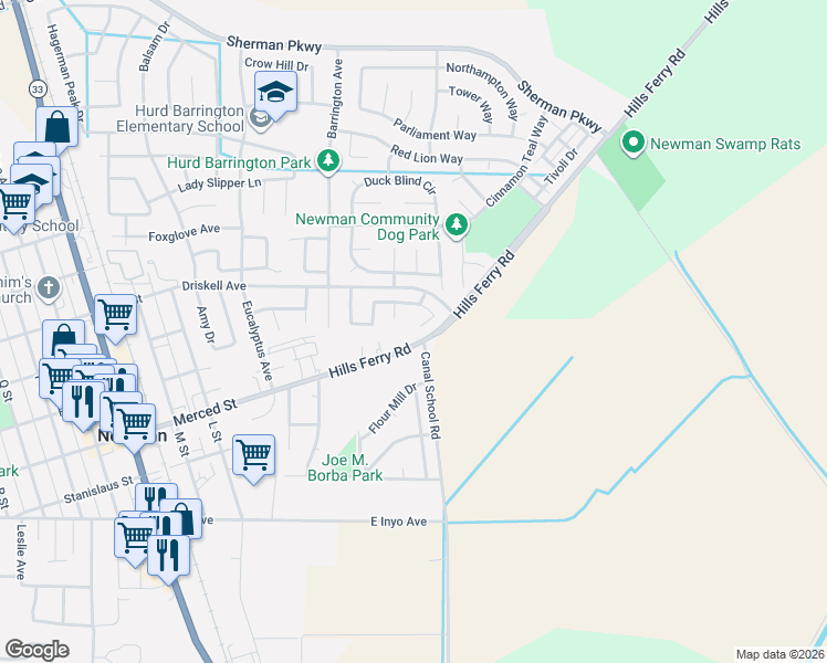 map of restaurants, bars, coffee shops, grocery stores, and more near 1363 Merganser Court in Newman
