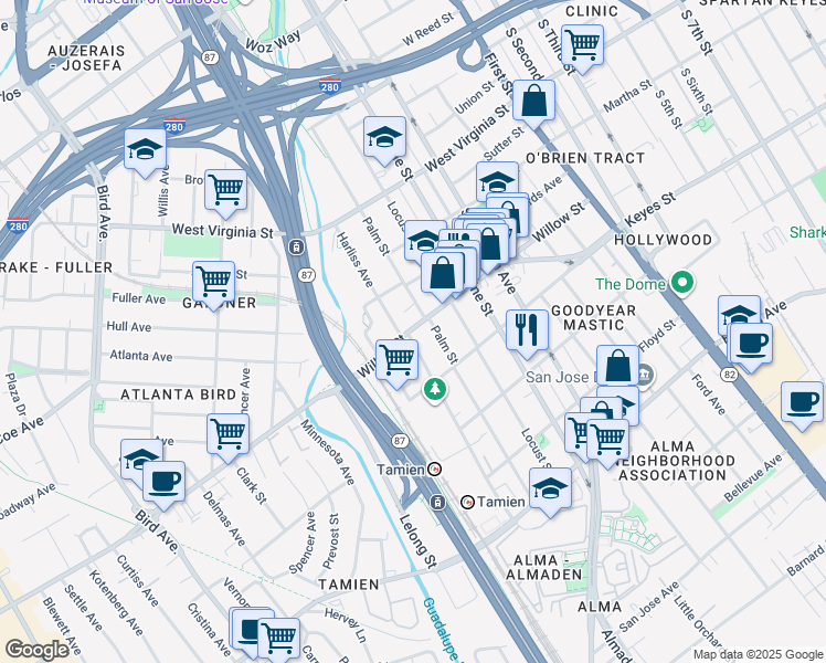 map of restaurants, bars, coffee shops, grocery stores, and more near 346 Willow St in San Jose
