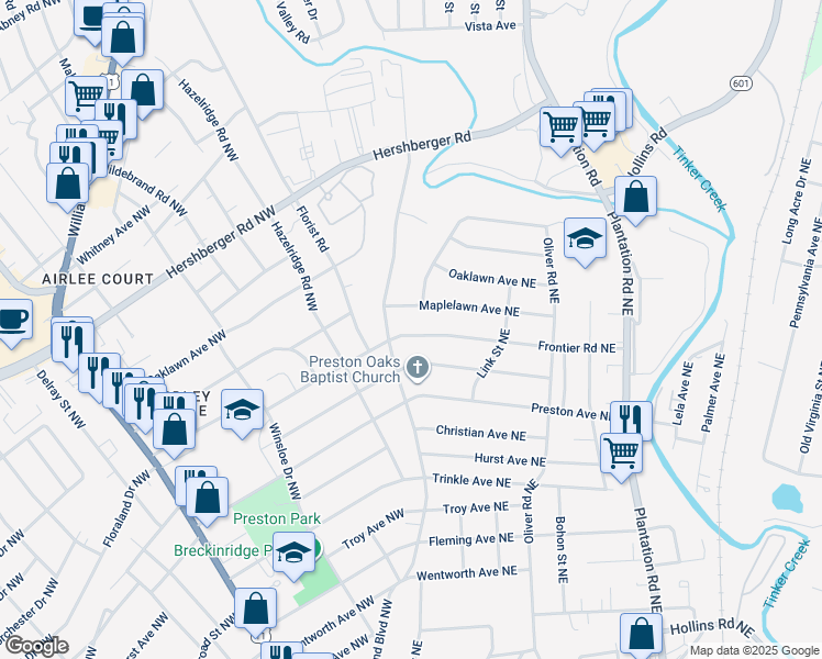 map of restaurants, bars, coffee shops, grocery stores, and more near 116 Frontier Road Northeast in Roanoke