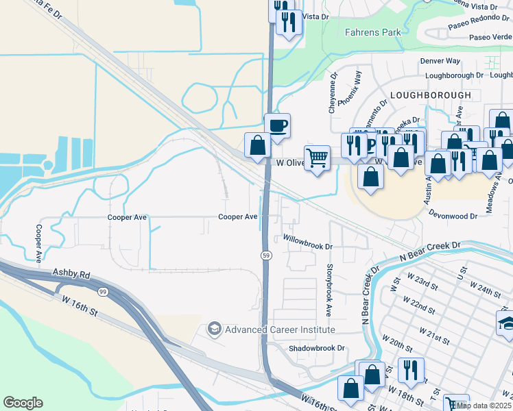 map of restaurants, bars, coffee shops, grocery stores, and more near 2901 North 59 in Merced