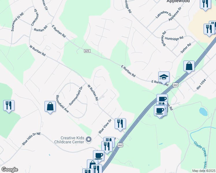 map of restaurants, bars, coffee shops, grocery stores, and more near 1621 West Ruritan Road in Roanoke