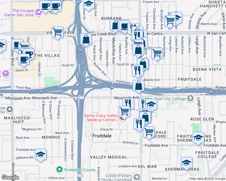 map of restaurants, bars, coffee shops, grocery stores, and more near 584 Mac Arthur Avenue in San Jose