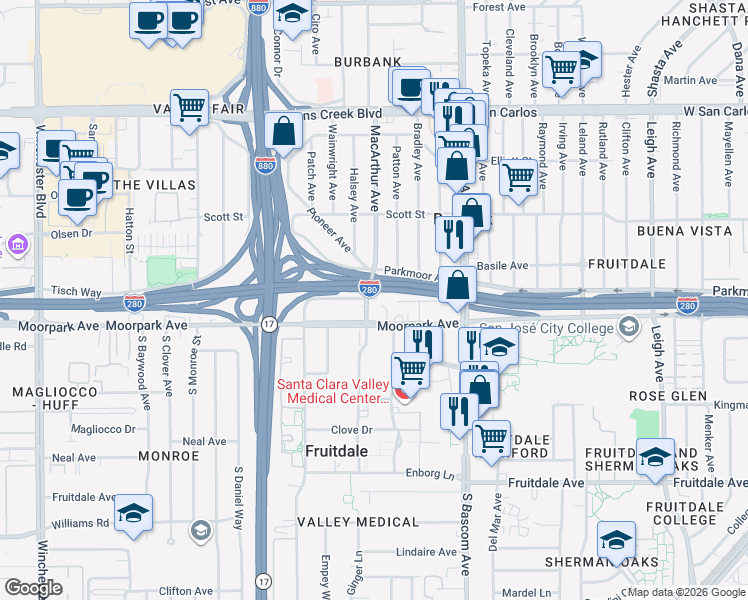 map of restaurants, bars, coffee shops, grocery stores, and more near 2373 Moorpark Avenue in San Jose