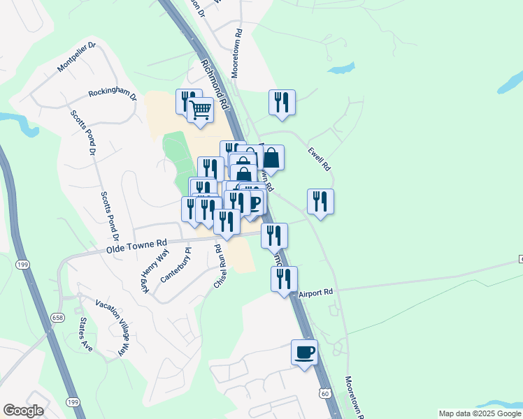map of restaurants, bars, coffee shops, grocery stores, and more near 5601 Richmond Road in Williamsburg
