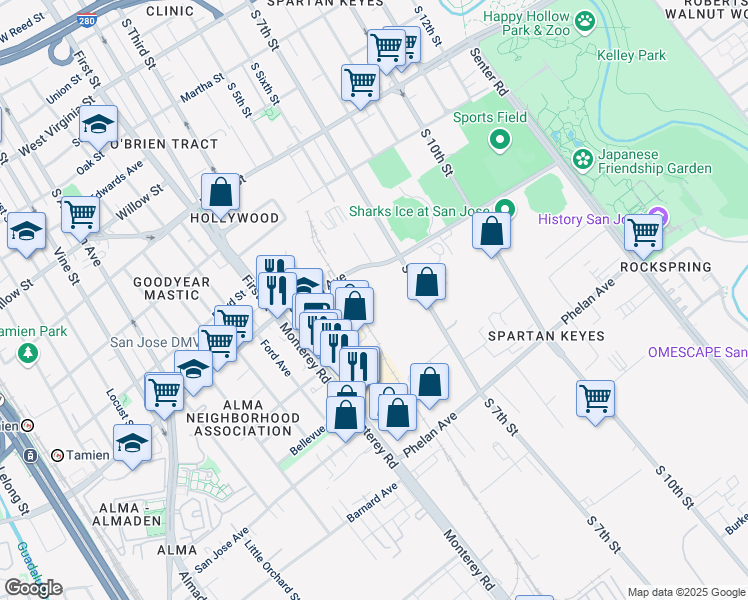 map of restaurants, bars, coffee shops, grocery stores, and more near 210 East Alma Avenue in San Jose