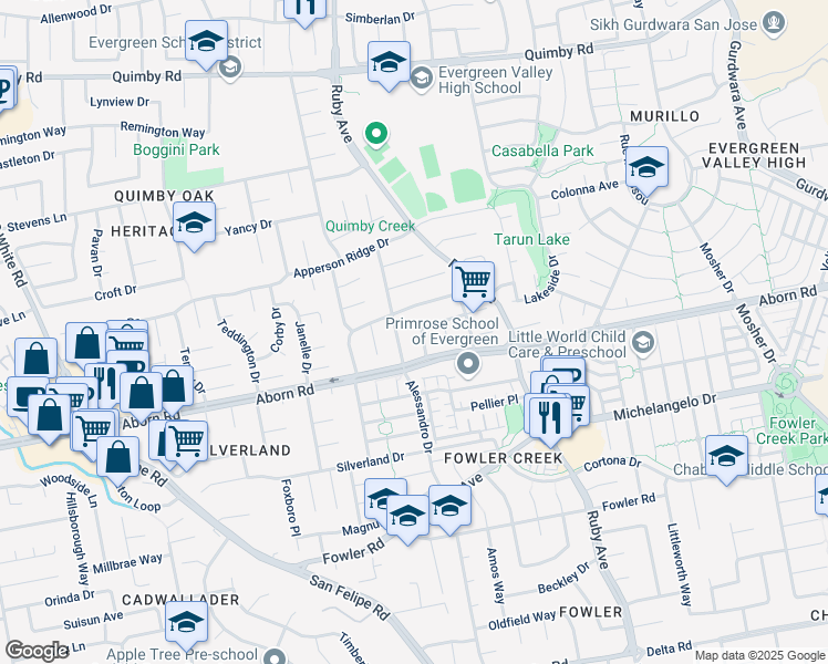 map of restaurants, bars, coffee shops, grocery stores, and more near 3133 Heritage Valley Drive in San Jose