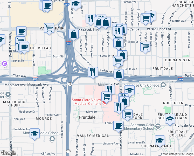 map of restaurants, bars, coffee shops, grocery stores, and more near 584 Mac Arthur Avenue in San Jose