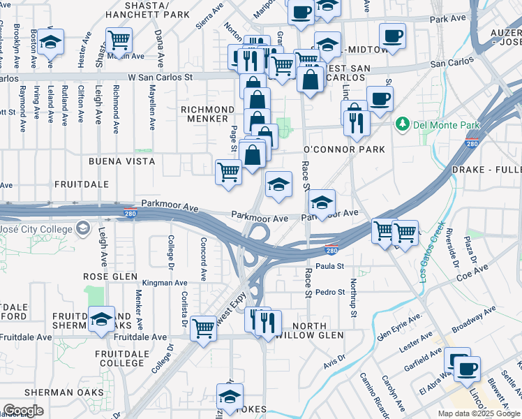 map of restaurants, bars, coffee shops, grocery stores, and more near 590 Meridian Avenue in San Jose