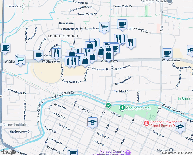 map of restaurants, bars, coffee shops, grocery stores, and more near 2997 June Court in Merced