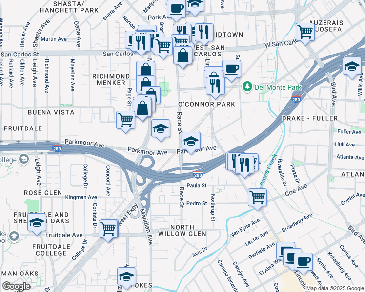 map of restaurants, bars, coffee shops, grocery stores, and more near 580 Race Street in San Jose