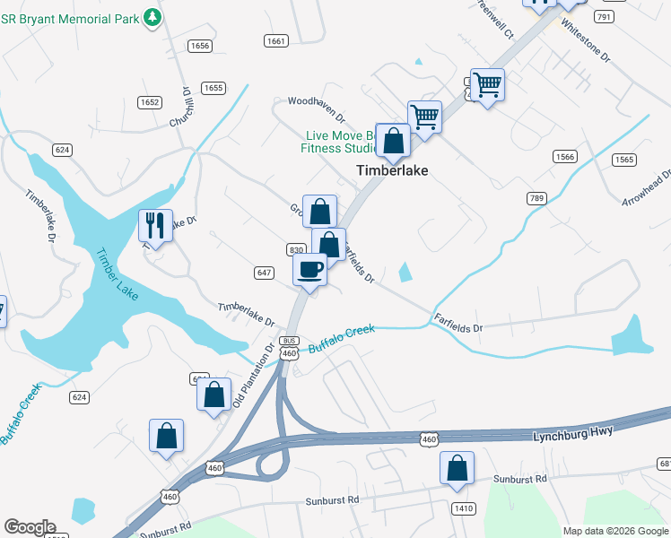 map of restaurants, bars, coffee shops, grocery stores, and more near 22618 Timberlake Road in Lynchburg