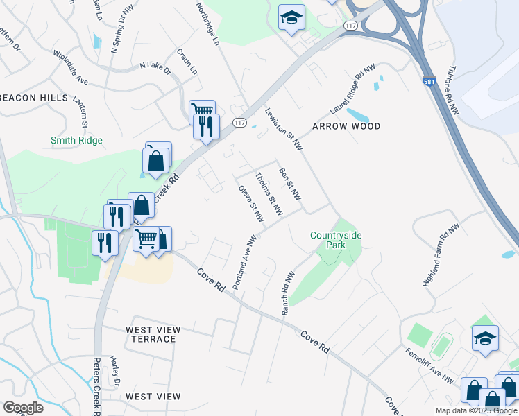 map of restaurants, bars, coffee shops, grocery stores, and more near 4425 Oleva Street Northwest in Roanoke