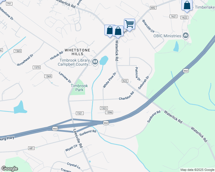 map of restaurants, bars, coffee shops, grocery stores, and more near 239 White Pine Drive in Lynchburg