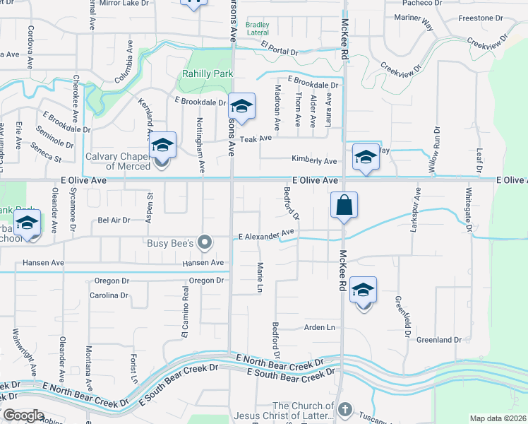 map of restaurants, bars, coffee shops, grocery stores, and more near 3042 Marie Court in Merced