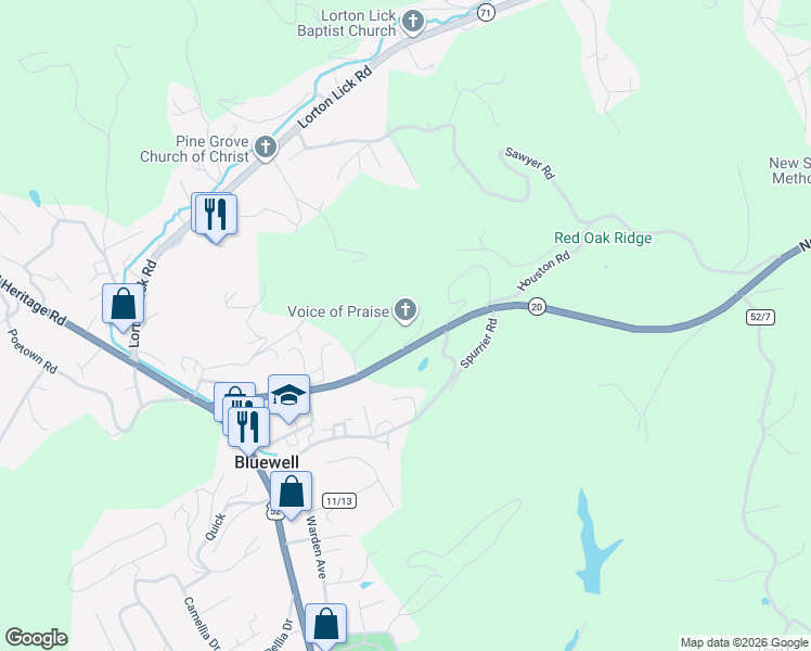 map of restaurants, bars, coffee shops, grocery stores, and more near 9952 New Hope Road in Bluefield