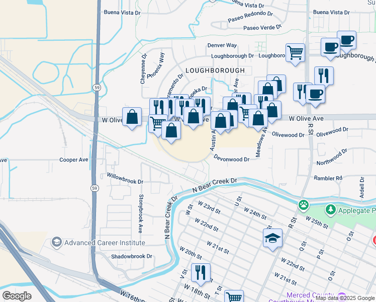map of restaurants, bars, coffee shops, grocery stores, and more near 1750 West Olive Avenue in Merced