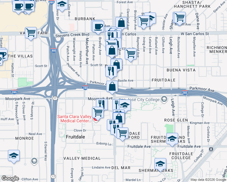 map of restaurants, bars, coffee shops, grocery stores, and more near 579 South Bascom Avenue in San Jose
