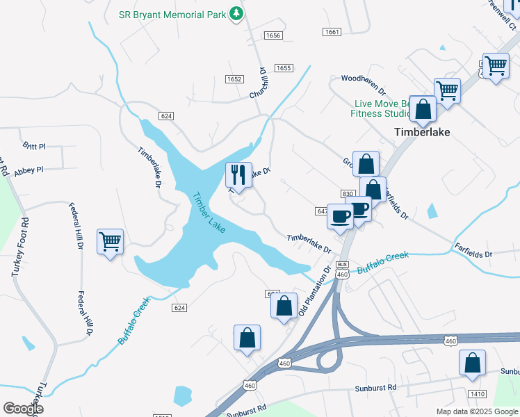 map of restaurants, bars, coffee shops, grocery stores, and more near 353 Timberlake Drive in Lynchburg