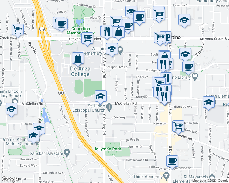 map of restaurants, bars, coffee shops, grocery stores, and more near 10411 Tula Lane in Cupertino